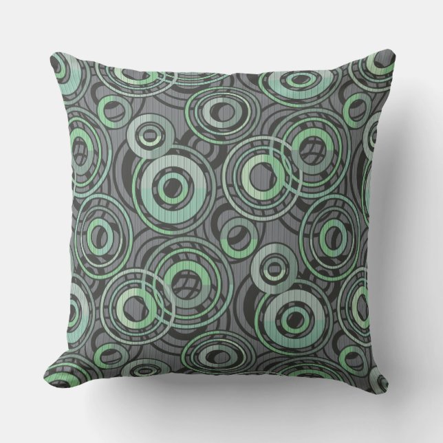 Retro pattern circles rings grey green outdoor pillow (Front)