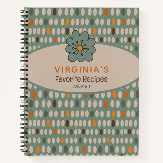 Retro Pattern Teal Flower Recipe Notebook (Front)