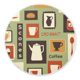 Retro pattern with kitchen dishes for breakfast ceramic knob
