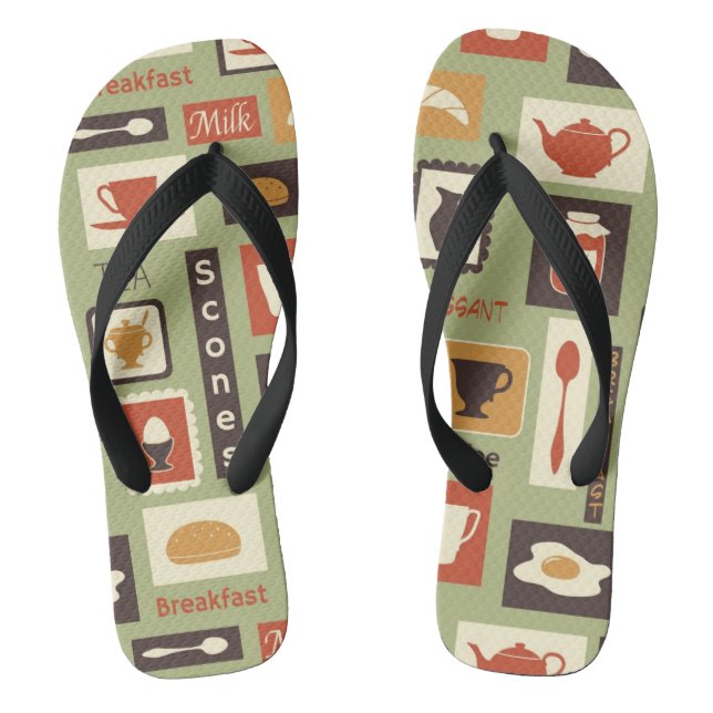 Retro pattern with kitchen dishes for breakfast flip flops (Footbed)