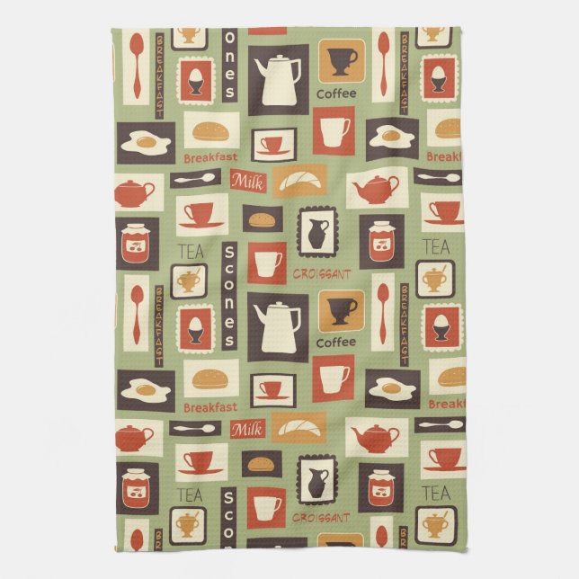 Retro pattern with kitchen dishes for breakfast kitchen towel (Vertical)