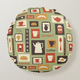 Retro pattern with kitchen dishes for breakfast round pillow