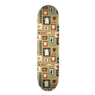 Retro pattern with kitchen dishes for breakfast skateboard