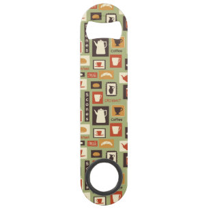 Retro pattern with kitchen dishes for breakfast speed bottle opener