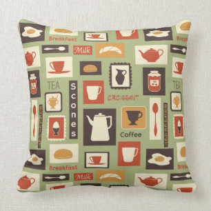 Retro pattern with kitchen dishes for breakfast throw pillow