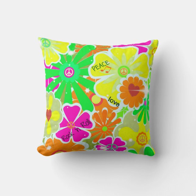 Retro Peace and Love Pattern Throw Pillow (Front)
