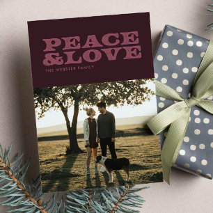 Retro peace and love plum one photo holiday card