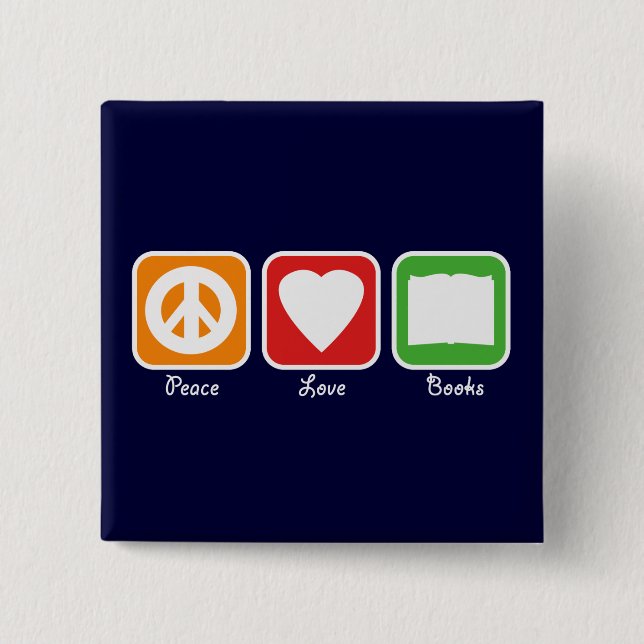 Retro Peace, Love, Books Button (Dark) (Front)