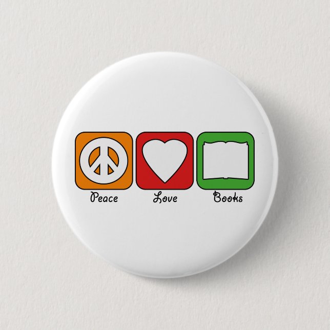 Retro Peace, Love, Books (Dark) Button (Front)