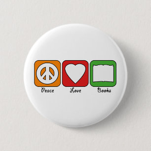 Retro Peace, Love, Books (Dark) Button
