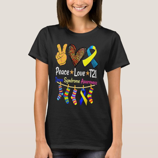 Retro Peace Love Cure Blue World Down Syndrome Awa T-Shirt (Front)