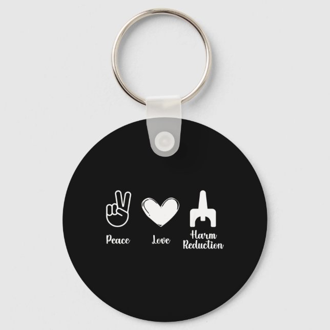 Retro Peace Love Harm Reduction Overdose Awareness Keychain (Front)