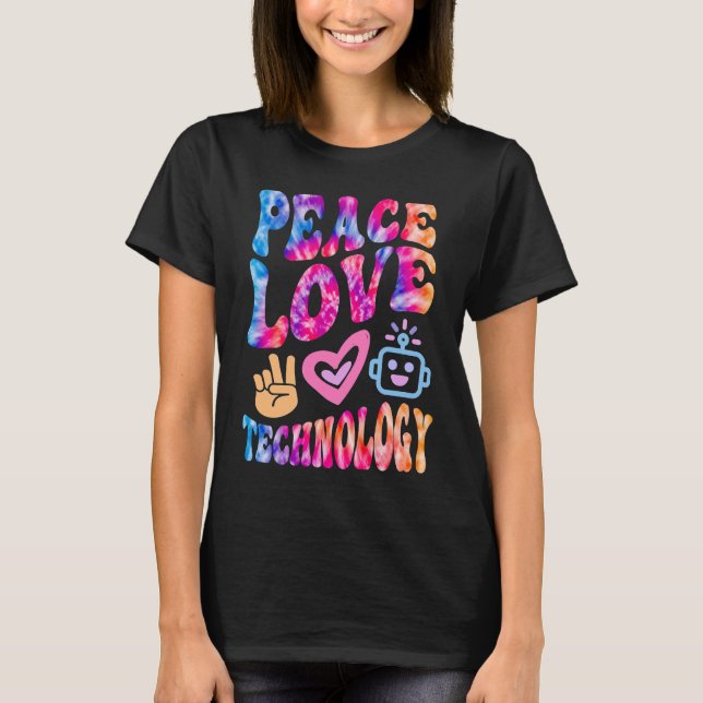 Retro PEACE LOVE TECHNOLOGY 60's Computer Robotics T-Shirt (Front)