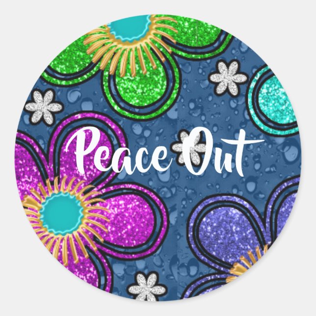Retro Peace Out Hippie Style Flower Power Pattern Classic Round Sticker (Front)