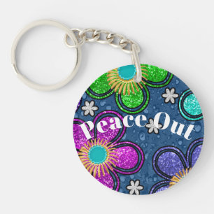 Retro Peace Out Hippie Style Flower Power Pattern Keychain