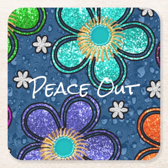 Retro Peace Out Hippie Style Flower Power Pattern Square Paper Coaster (Front)
