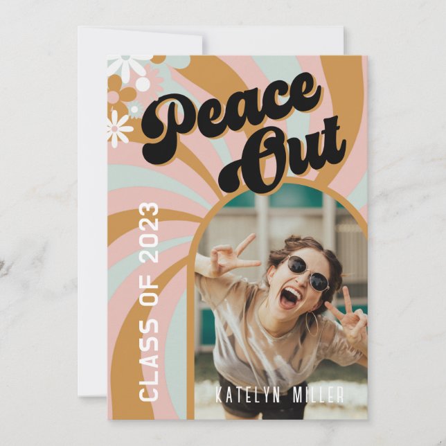 Retro Peace Out Hippy Photo Graduation Invitation (Front)