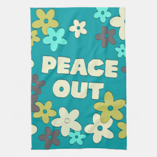 Retro Peace Out Quote Hippie Flowers Kitchen Towel