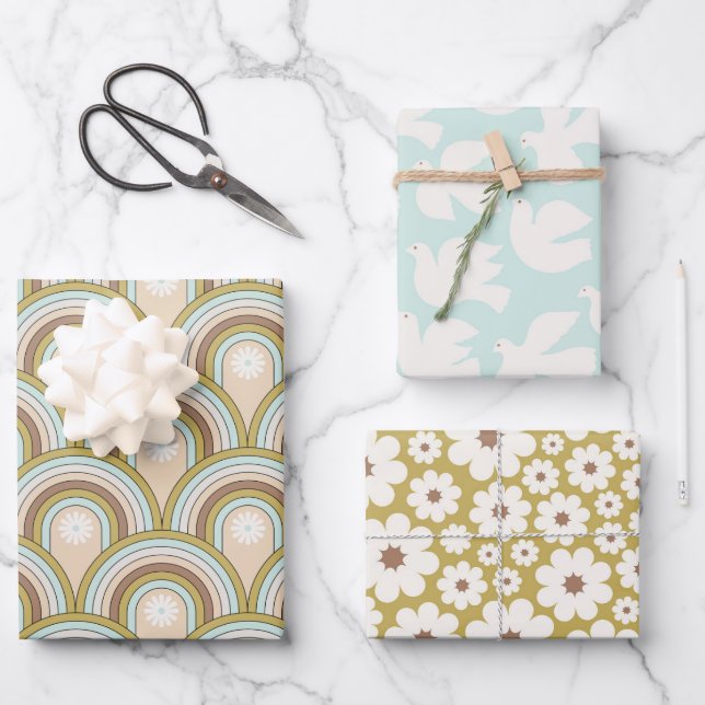 Retro Peace Rainbow Dove Neutral Fun Floral Wrapping Paper Sheet (Front)