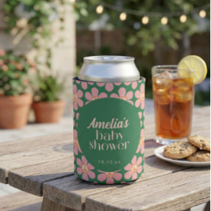 Retro Peace Sign Flower Green Pink Baby Shower  Can Cooler