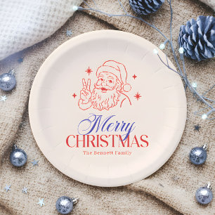 Retro Peace Sign Santa Merry Christmas Paper Plate