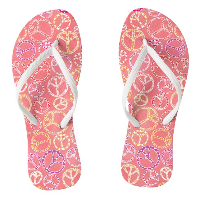 Retro Peace Signs Pattern on Pink Flip Flops (Footbed)
