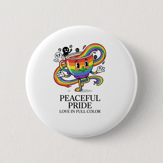 Retro Peaceful Pride Rainbow Coffee Cup T-Shirt 2 Inch Round Button (Front)