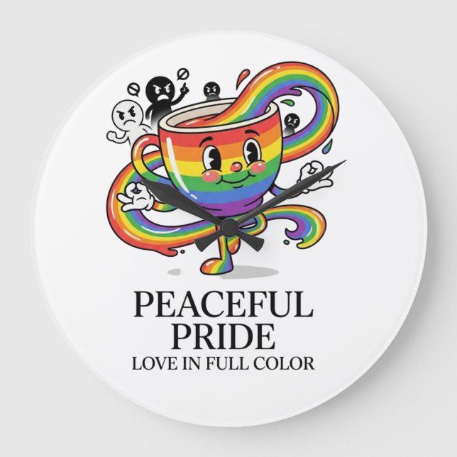 Retro Peaceful Pride Rainbow Coffee Cup T-Shirt Large Clock (Front)