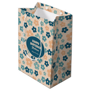 Retro Peach Dark Green Boho Flower 40th Birthday Medium Gift Bag