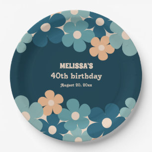Retro Peach Dark Green Boho Flower 40th Birthday  Paper Plate