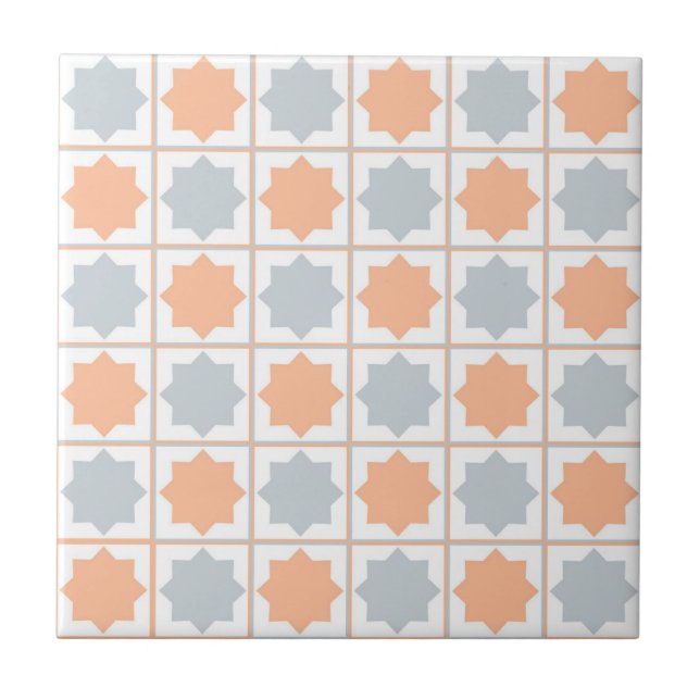 Retro Peach Fuzz and Blue Islamic Geometric Patter Tile (Front)