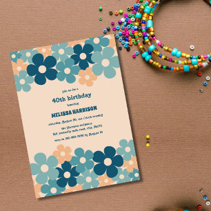 Retro Peach Green Boho Flower 40th Birthday Invitation