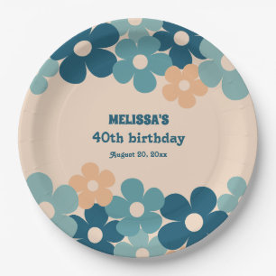 Retro Peach Green Boho Flower 40th Birthday  Paper Plate