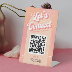 Retro Peach Let's Connect Social Media QR Code Pedestal Sign