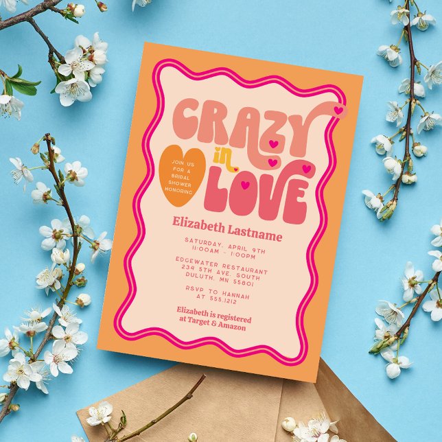 Retro Peach Orange Crazy in Love Bridal Shower Invitation (Creator Uploaded)