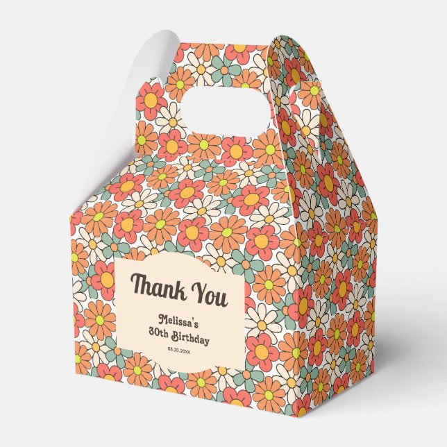 Retro Peach Orange Floral Groovy Birthday Favor Box (Front Side)