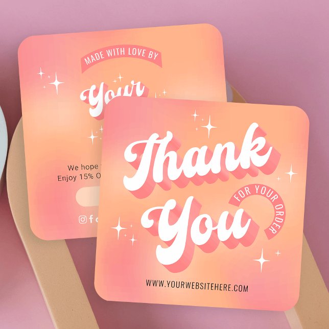 Retro Peach Pink Logo Business Thank You For Order Card (Modern business thank you cards featuring a groovy peachy design with space for your logo)