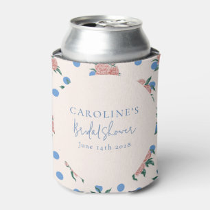 Retro Peony Floral Blue Dots Bridal Shower Custom Can Cooler