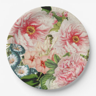 Retro Peony Flower Spring Floral Pattern Paper Plate