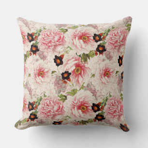 Retro Peony Flower Spring painterly Pattern Throw Pillow