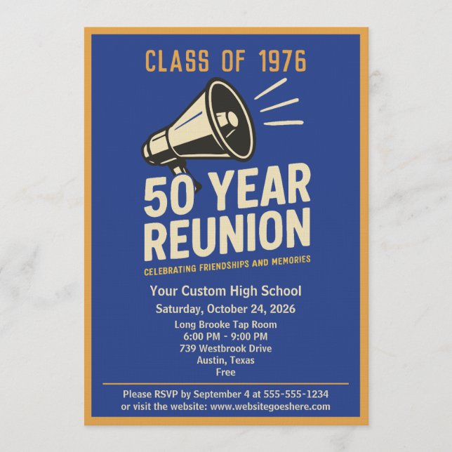 Retro Pep Rally Style 50 Year Class Reunion Invitation (Front)