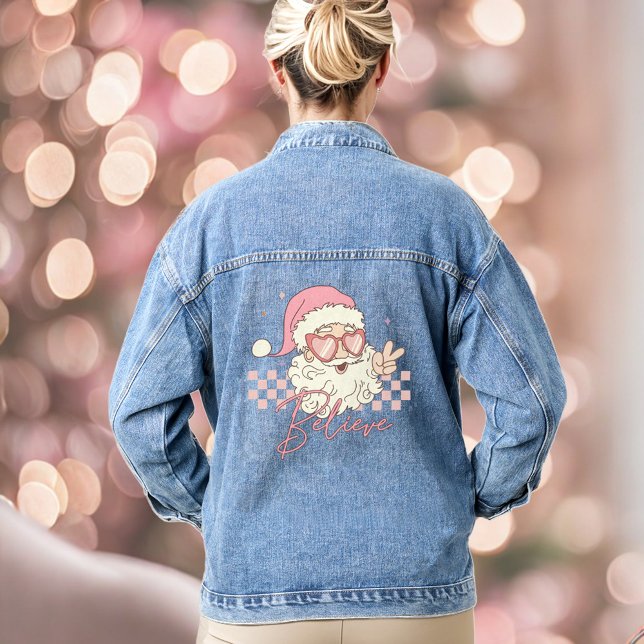 Retro Père Noël rose Noël Croyez Denim Veste (Retro Santa Pink Christmas Believe Denim Jacket)