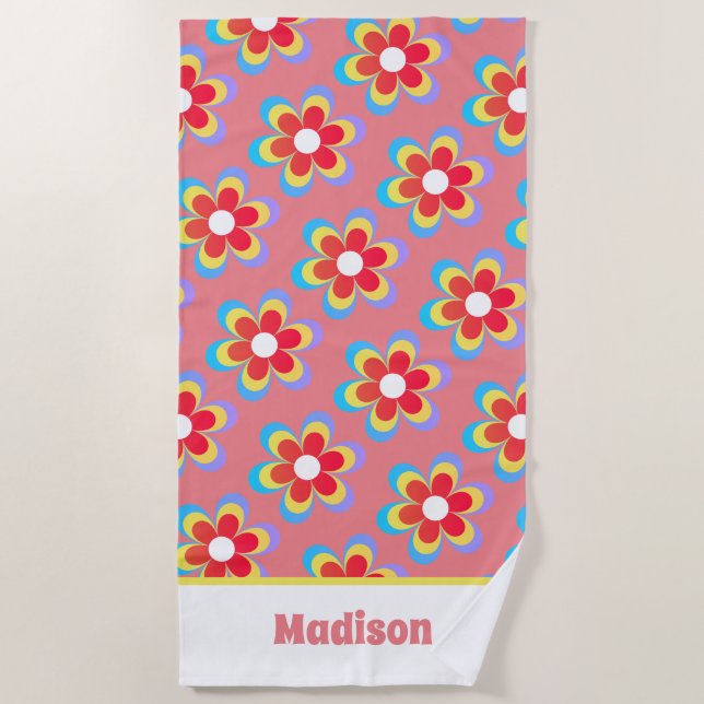 Retro Personalized 70s Flowers Beach Towel (Front)