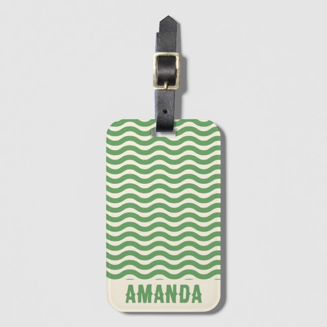 Retro Personalized Abstract Wavy Lines Green Luggage Tag (Front Vertical)