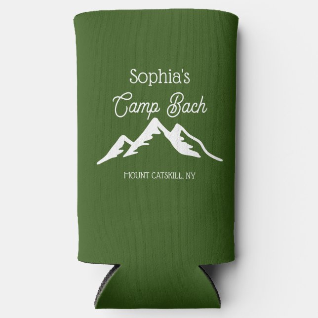 Retro Personalized Camp Bach Mountains Green  Seltzer Can Cooler (Front)