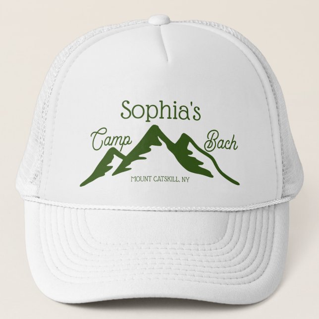 Retro Personalized Camp Bach Mountains Green  Trucker Hat (Front)