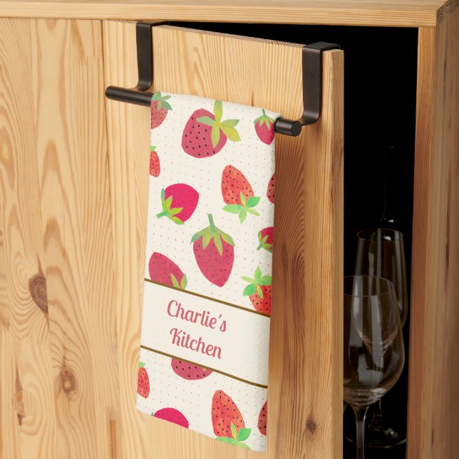 Retro Personalized Cute Mid-Century Strawberry Kitchen Towel (Thirds Fold)