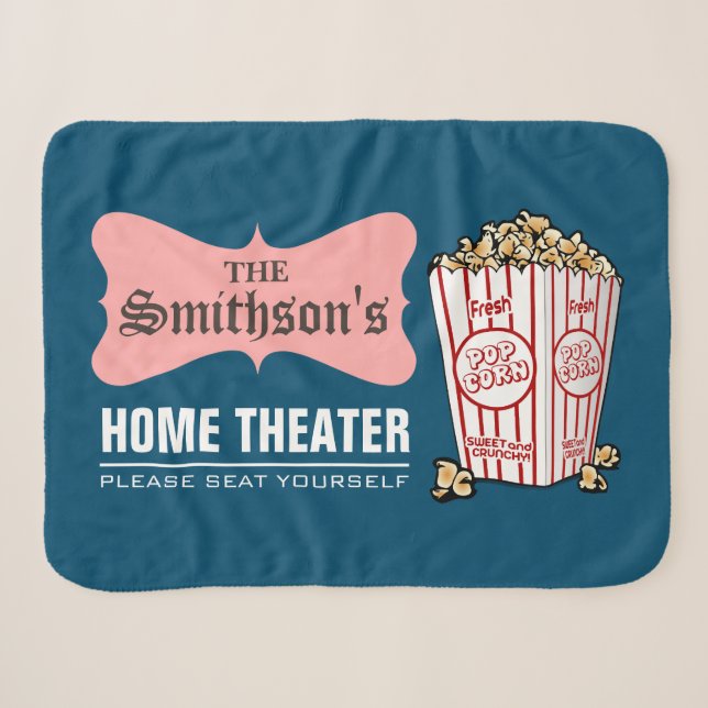 Retro Personalized Family Name Home Theatre Sherpa Blanket (Front (Horizontal))