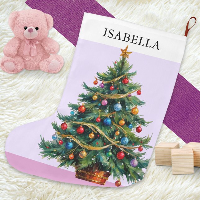 Retro Personalized Festive Xmas Tree Large Christmas Stocking (A pretty pink Christmas stocking, with picture of a decorated tree, to personalize with a name)