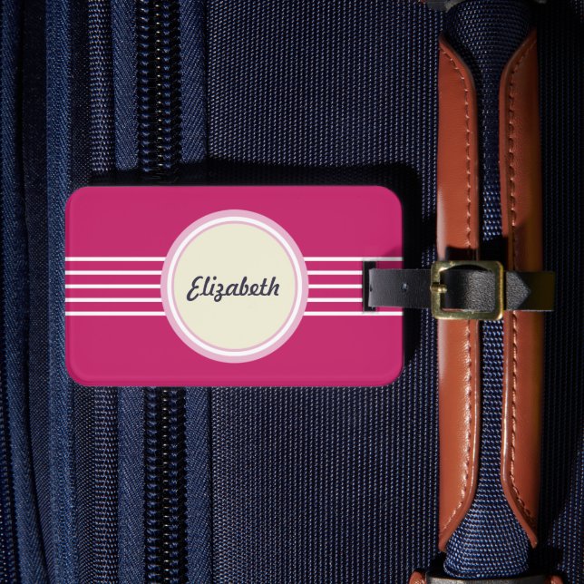 Retro Personalized Hot Pink Luggage Tag (Front Insitu 4)